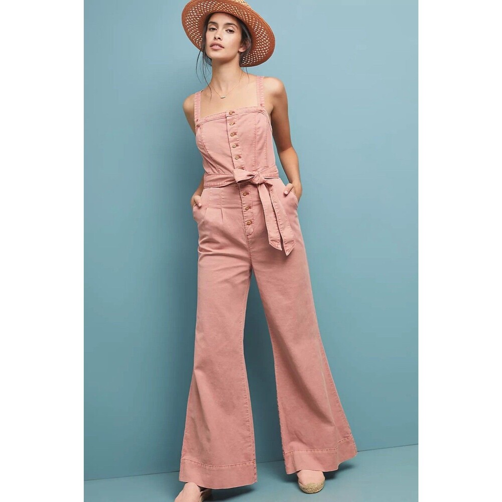 Anthropologie Pilcro Desmond Jumpsuit Sz 4 Pink Linen Wide Leg Flawed No Belt